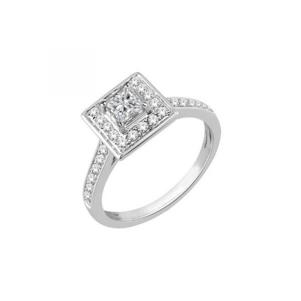 9ct white gold round brilliant cut diamond square deco style cluster in a channel setting. Total diamond carat weight D.60