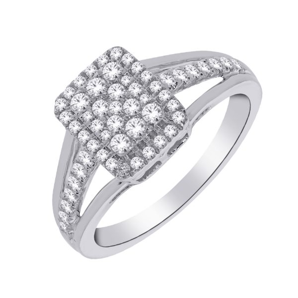 9ct White gold round brilliant cut diamond rectangular cluster with split diamond shoulders. Diamond total carat weight D.50