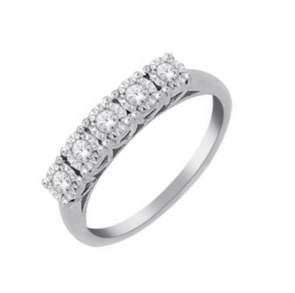9ct white gold 5 stone round brilliant cut diamond in swept illusion setting. Diamond total carat weight D.25ct